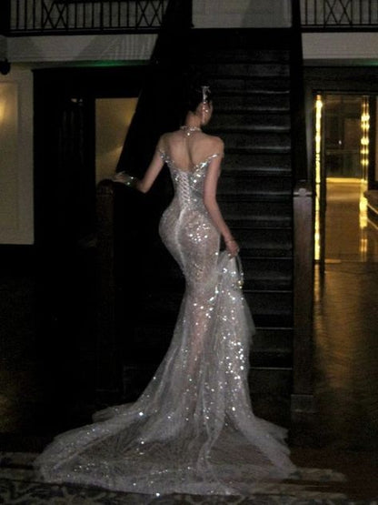 Sexy Wedding Dress Mermaid Sequin Beads Long Silver Wedding Dresses Bride Dress Bridal Gowns WD068