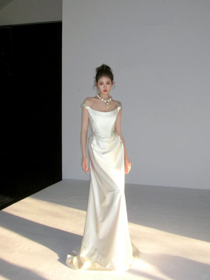 Dreamy Wedding Dress Sheath Off The Shoulder White Satin Summer Long Wedding Dresses Bridal Gowns W0140