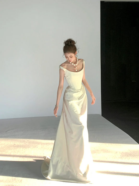 Dreamy Wedding Dress Sheath Off The Shoulder White Satin Summer Long Wedding Dresses Bridal Gowns W0140