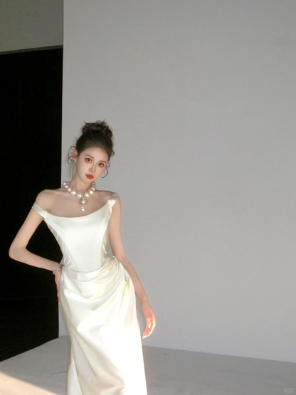 Dreamy Wedding Dress Sheath Off The Shoulder White Satin Summer Long Wedding Dresses Bridal Gowns W0140