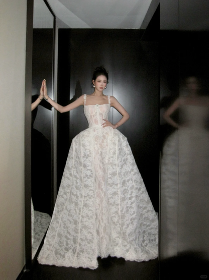 Unique Bridal Gown Mermaid Spaghetti Straps Lace Sleeveless White Wedding Dresses Modest Bridal Gowns DH950