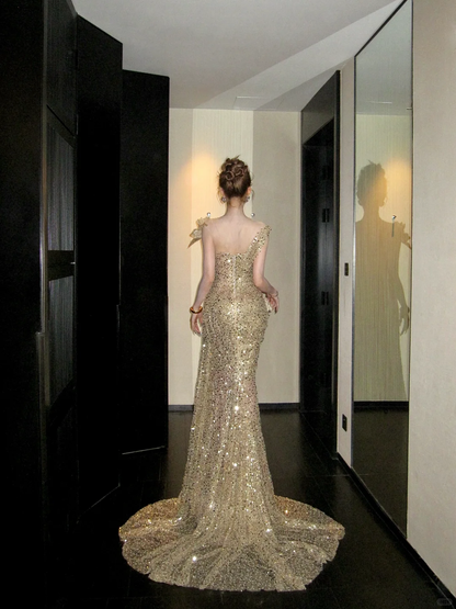 Classy Mermaid Scoop Sequin Gold Long Prom Dresses Party Dress Birthday Outfits Graduation Dresses W086