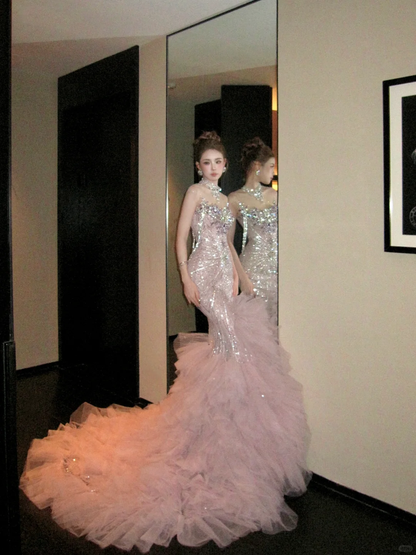 Classy Mermaid High Neck Pink Sequin Layers Tulle Long Prom Dresses Party Dress Birthday Outfits Graduation Dresses WD087