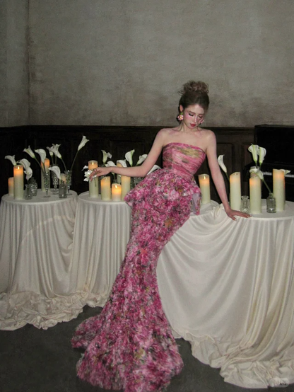 Classy Mermaid Strapless Pink Floral Rose Layers Long Prom Dresses Party Dress Birthday Outfits Graduation Dresses WD097