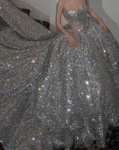 Pretty Wedding Dress Ball Gown Strapless Silver Sequin Long Luxury Wedding Dresses Bridal Gowns Brides Gown WD098