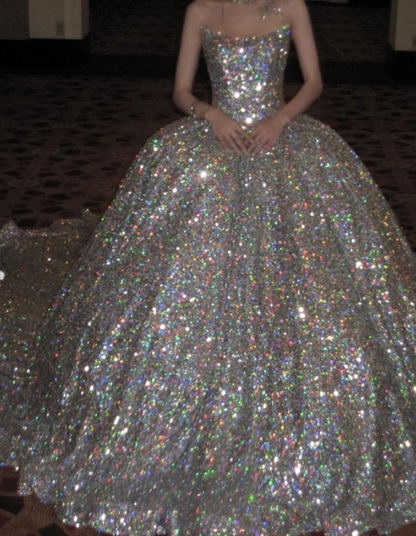 Pretty Wedding Dress Ball Gown Strapless Silver Sequin Long Luxury Wedding Dresses Bridal Gowns Brides Gown WD098