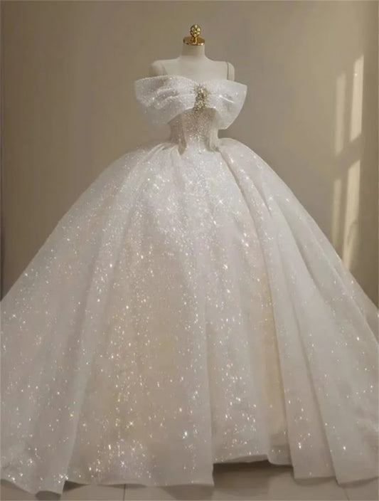 Luxury Ball Gown Wedding Dresses Off The Shoulder Sequin Strapless White Wedding Dress With Train DP618