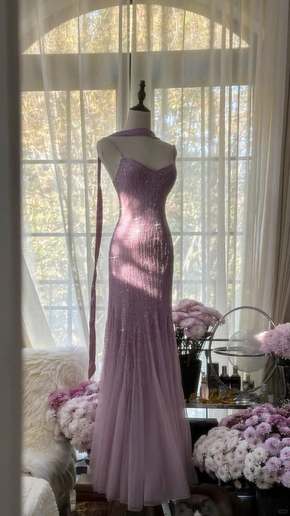 Sexy Mermaid Spaghetti Straps Purple Elegant Tulle Sequin Prom Dresses P0001