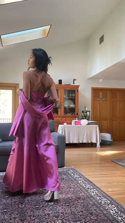 Classy Fuchsia Spaghetti Straps Satin A-Line Beaded Long Prom Dress Bridesmaid Dresses Long formal Dress DP488