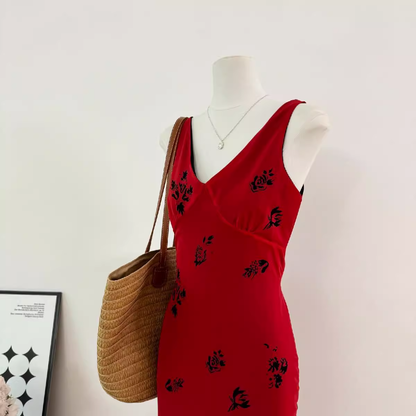 Cute A line V Neckline Red Floral Long Summer Dress For Women DP0011