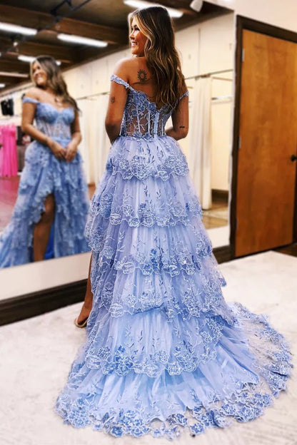Pretty Off the Shoulder Black Tulle Appliques Off-the-Shoulder Ruffle Long Prom Dress Graduation Dress DP517