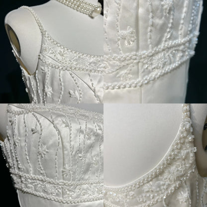 Vintage Brautkleid A-Linie Spaghettiträger Ärmellos Perlen Lang Weiß 70er Brautkleider Elegante Brautkleider DH1111