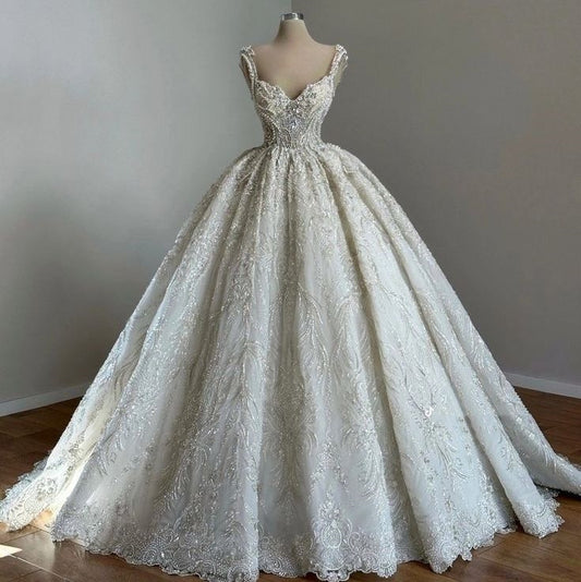 Robe de mariée unique, robe de bal, bretelles, col, paillettes blanches, jolies robes de mariée DH1222