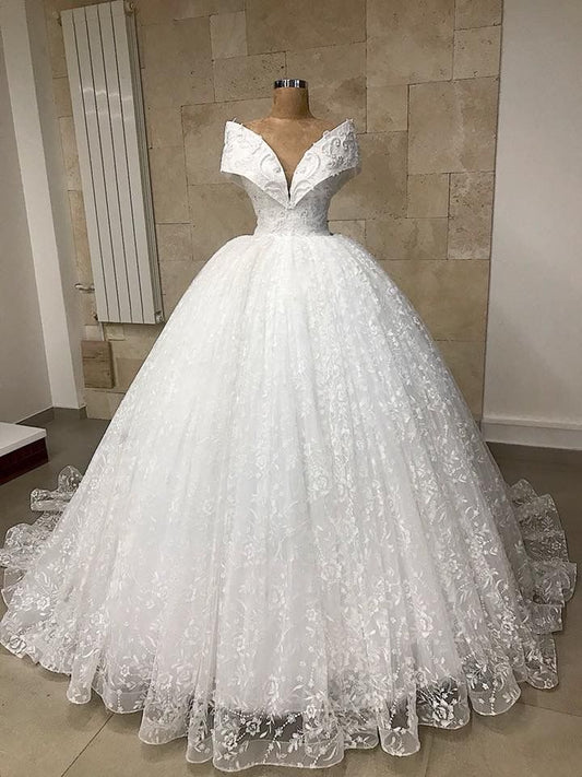 Robe de mariée classique, robe de bal, épaules dénudées, en dentelle blanche, robes de mariée de rêve DH1230
