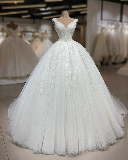 Robe de mariée classique, robe de bal, col en V, tulle blanc, dentelle, longues robes de mariée de rêve DH1233