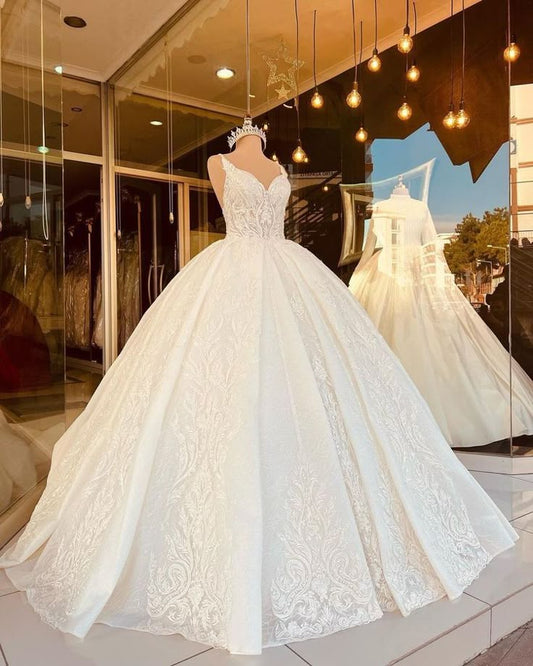 Robe de mariée classique, robe de bal, col en V, tulle blanc, dentelle, longues robes de mariée de rêve DH1234