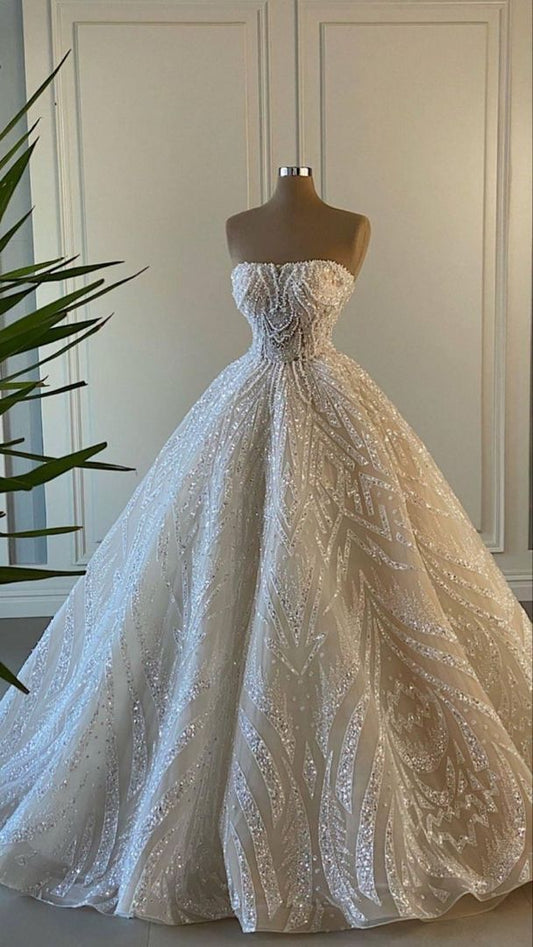 Unique Bridal Dress Ball Gown Strapless White Sequin Long Wedding Dresses Pretty Bridal Gowns DH1235