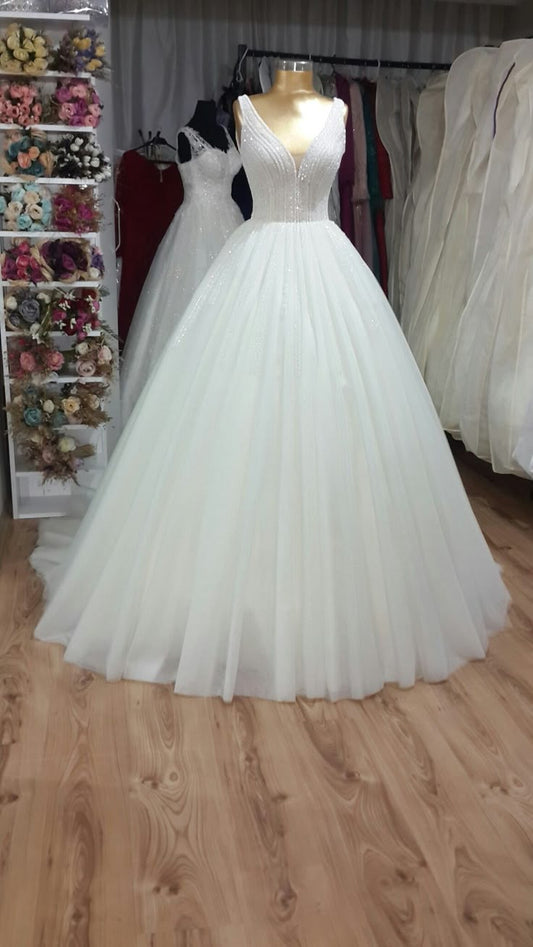 Robe de mariée classique, robe de bal, col en V, tulle blanc, longue, robes de mariée de rêve DH1236