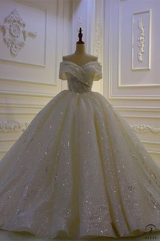 Unique Bridal Gown Ball Gown Off The Shoulder White Short Sleeves Sequin Wedding Dresses Pretty Bridal Gowns DH1237