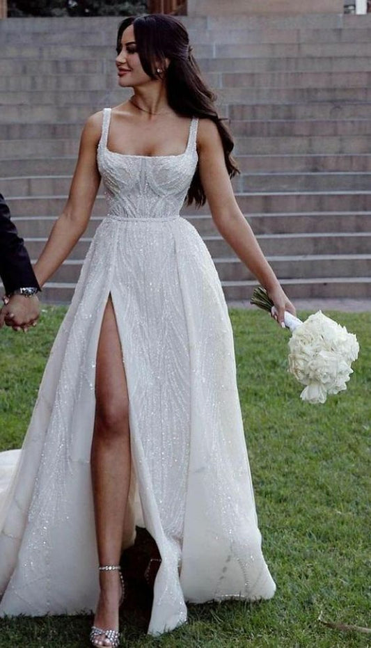 Robe de mariée classique trapèze, col carré, paillettes blanches, longue, robes de mariée de rêve DH1240