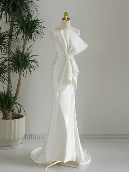 Robe de mariée classique sirène bustier en satin blanc, longue, simple, DH1285