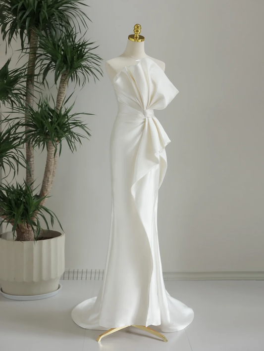Robe de mariée classique sirène bustier en satin blanc, longue, simple, DH1285