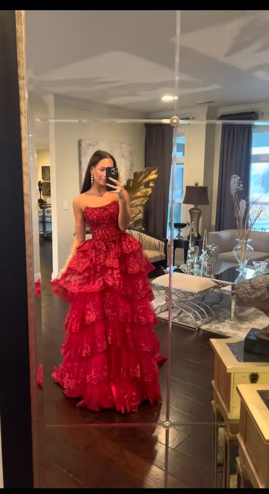 Elegant Ball Gown Strapless Red Lace Tulle Long Prom Dresses Party Dress 22th Birthday Outfits Graduation Dresses DH1372