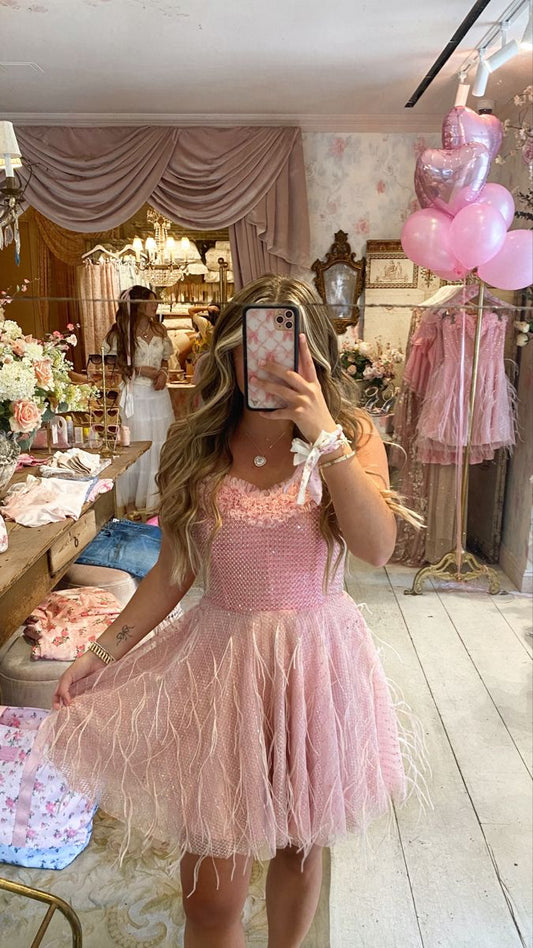 Cute A line Sweetheart Sequin Pink Mini Short Formal 7th Grade Homecoming Dresses Middle School Short Prom Dress Cocktail Birthday Outfits DH1399