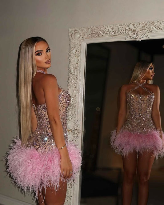 Trendy Sheath Halter Pink Beads Feathers Sequin Mini Short Formal 8th Grade Homecoming Dresses Middle School Short Prom Dress Hoco Outfits DH1406