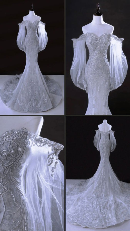 Princess Bridal Dress Mermaid Off The Shoulder Lace Tulle Wedding Dress With Long Sleeves Wedding Dresses Modest Wedding Gowns DH1421