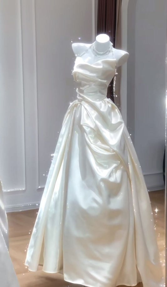 Unique Wedding Dresses Ball Gown Sweetheart Neck Satin White Long Wedding Dresses Simple Bride Dress Bridal Gowns DH1482