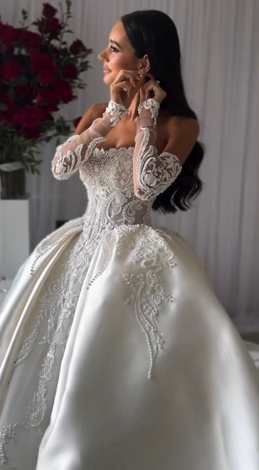Robe de mariée princesse en satin blanc plissé, sans manches, décolleté en cœur, perles blanches, robe de bal modeste, DH1483