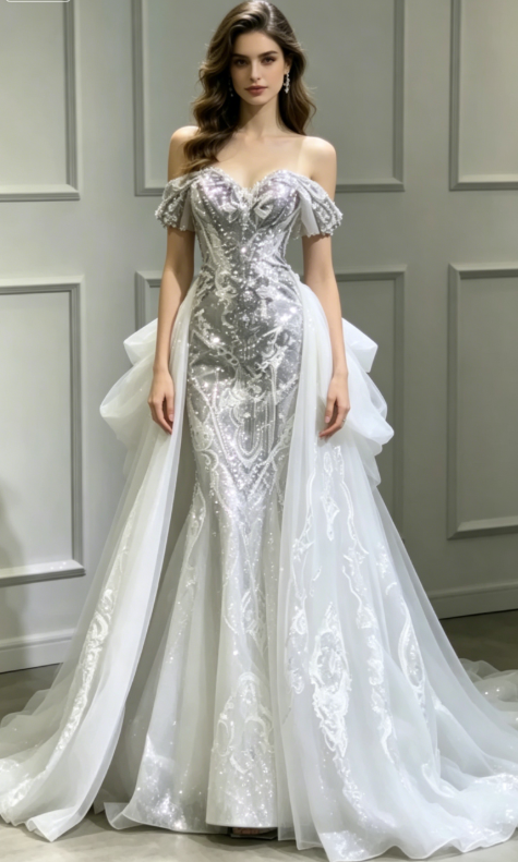 Princess Bridal Dress Mermaid Off The Shoulder Lace Sequin Wedding Dress With Short Sleeves Wedding Dresses Modest Wedding Gowns DH1492