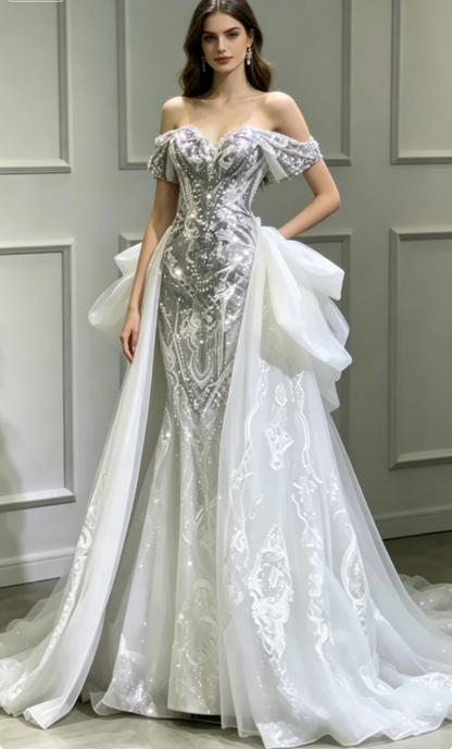 Princess Bridal Dress Mermaid Off The Shoulder Lace Sequin Wedding Dress With Short Sleeves Wedding Dresses Modest Wedding Gowns DH1492