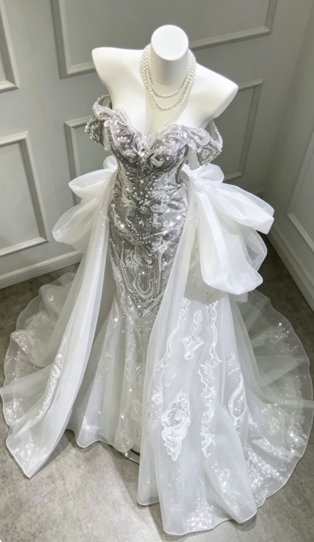 Prinzessin Brautkleid Meerjungfrau Schulterfrei Spitze Pailletten Brautkleid Mit Kurzen Ärmeln Brautkleider Bescheidene Brautkleider DH1492