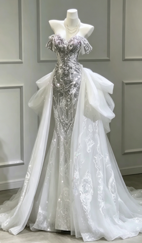 Princess Bridal Dress Mermaid Off The Shoulder Lace Sequin Wedding Dress With Short Sleeves Wedding Dresses Modest Wedding Gowns DH1492