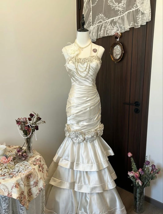 Vintage Mermaid Spaghetti Straps Satin Ivory Wedding Dress Modest Wedding Dresses Princess Wedding Gowns DH1500