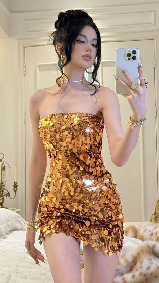 Trendy Sheath Strapless Sequin Gold Mini Short Formal 8th Grade Homecoming Dresses Middle School Cocktail Dress Cocktail Outfits DH1508