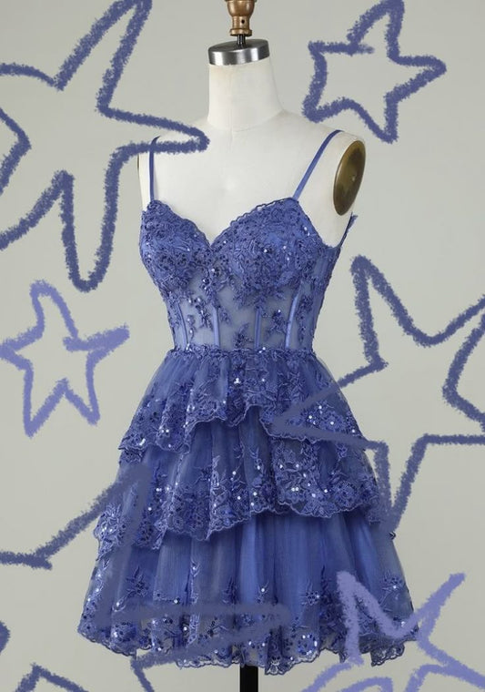 Unique A line Spaghetti Straps Blue Lace Short Mini Formal 7th Grade Homecoming Dresses Middle School Short Cocktail Night Dress Hoco Outfits DH1513