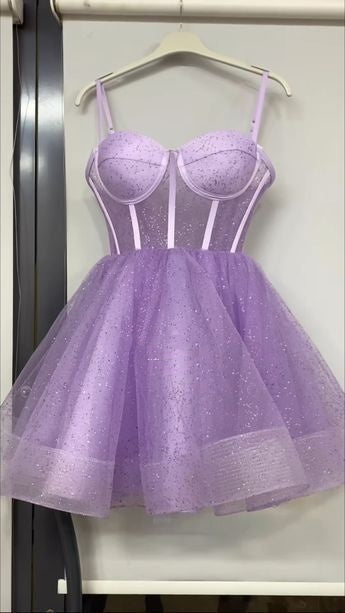 Unique Ball Gown Spaghetti Straps Lilac Tulle Short Mini Formal 7th Grade Homecoming Dresses Middle School Short Cocktail Night Dress Hoco Outfits DH1517