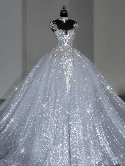 Robe de mariée unique, robe de bal, décolleté en V, paillettes blanches, longue, robe de mariée de luxe, robes de mariée DH1519