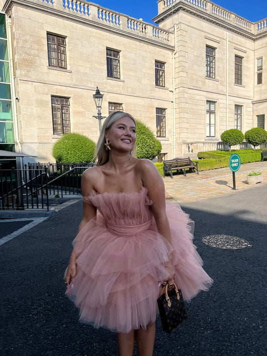 Cute Ball Gown Strapless Pink Tulle Short Mini Formal 7th Grade Homecoming Dresses Middle School Short Cocktail Night Dress Hoco Outfits DH1522