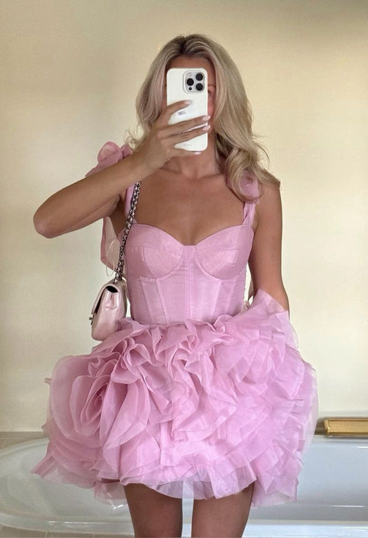 Cute Ball Gown Straps Pink Tulle Short Mini Formal 8th Grade Homecoming Dresses Middle School Short Cocktail Night Dress Hoco Outfits DH1523