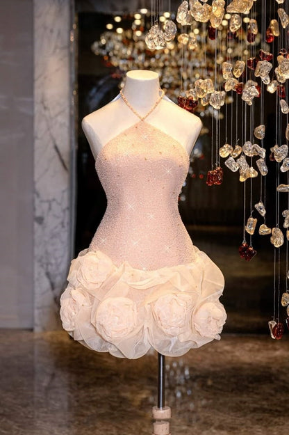 Cute Sheath Halter Sequin Blush Pink Short Mini Formal 8th Grade Homecoming Dresses Middle School Cocktail Night Dress Hoco Outfits DH1528