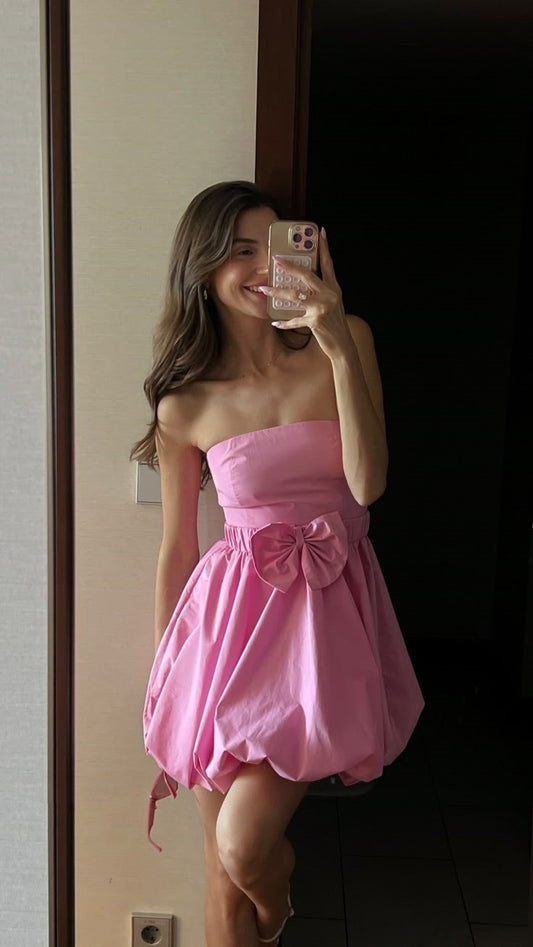 Cute Ball Gown Strapless Pink Satin Short Mini Formal 8th Grade Homecoming Dresses Middle School Cocktail Dress Hoco Outfits DH1566