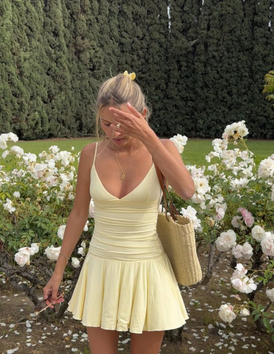 Modest A line Spaghetti Straps Yellow Chiffon Mini Short Formal 8th Grade Homecoming Dresses Middle School Hoco Dress Cocktail Outfits DH1569