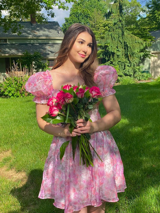 Cute Ball Gown Square Neck Pink Floral Chiffon Short Mini Formal 8th Grade Homecoming Dresses Middle School Cocktail Dress Hoco Outfits DH1572