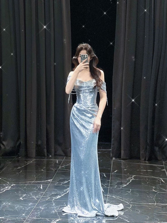 Robe de bal élégante à épaules dénudées et paillettes argentées, tenue de soirée pour 22e anniversaire, 18e anniversaire, DH1580