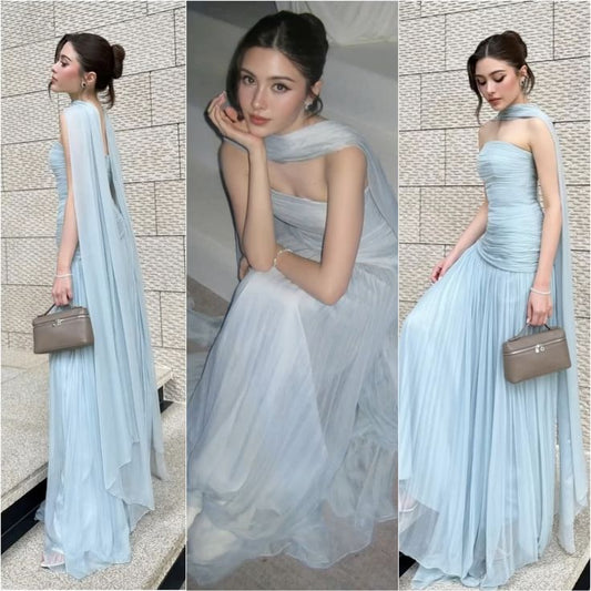 Robe de bal élégante en tulle bleu ciel, coupe trapèze, sans bretelles, tenue de soirée pour 22e anniversaire, 18e anniversaire, DH1581