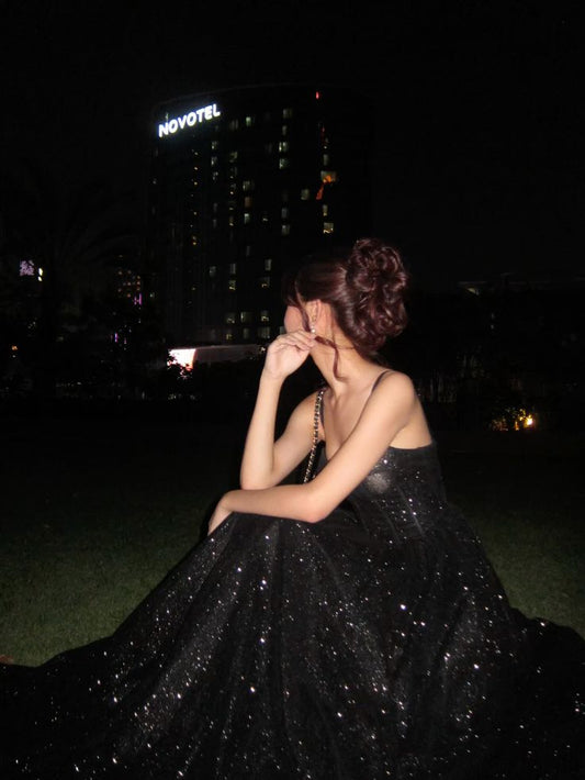 Robe de bal élégante à bretelles spaghetti et paillettes noires, tenue de soirée pour 22e anniversaire, 18e anniversaire, DH1582